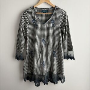 April Cornell Dress XS Blue Gingham Plaid Floral Embroidered Lace Trim Dress